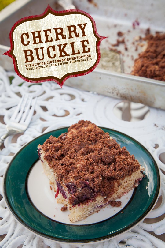 Cherry buckle with cocoa cinnamon crumb topping