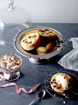 Cherry clafoutis tartlets with candied almond ice-cream