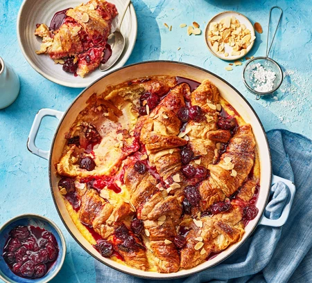Cherry croissant bread and butter pudding