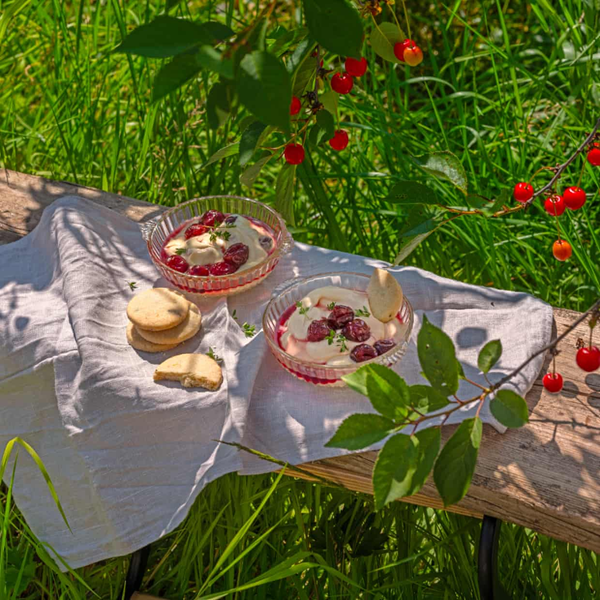 Cherry fool, thyme and lemon shortbread