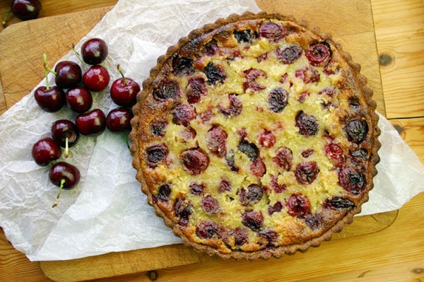 Cherry frangipane tart with a chocolate polenta crust