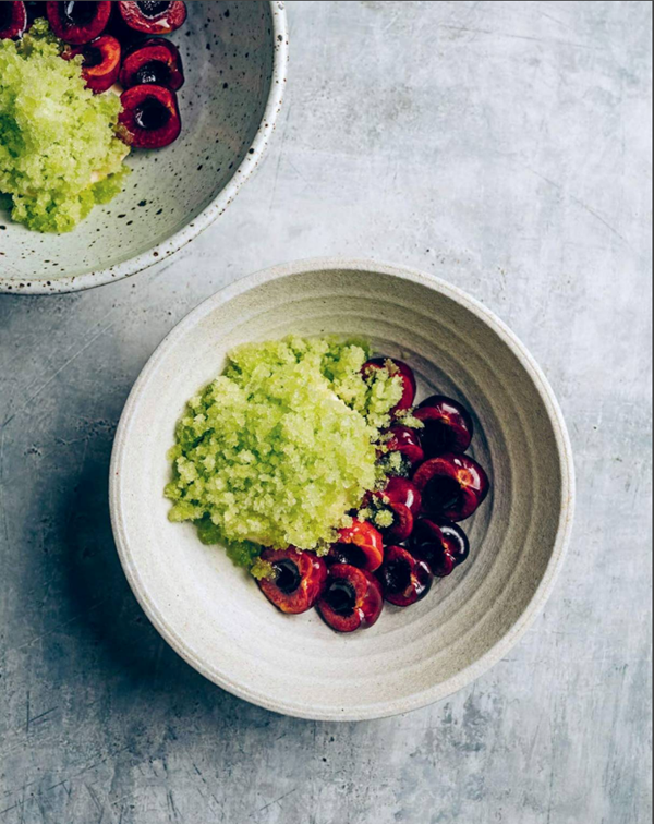Cherry kernel baked panna cotta with fresh cherries and fig leaf granita