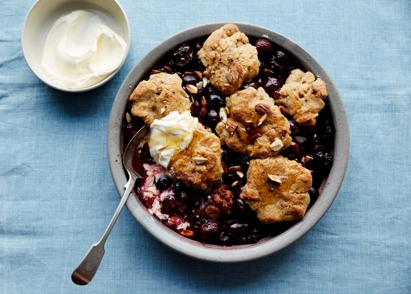 Cherry, lemon and almond cobbler