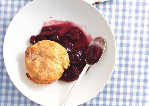 Cherry-lime cobbler with vanilla crème fraîche biscuits