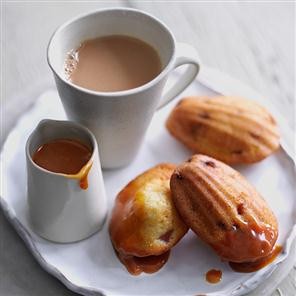 Cherry madeleines with hot rum toffee sauce