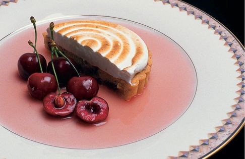 Cherry meringue tart with rhubarb sauce