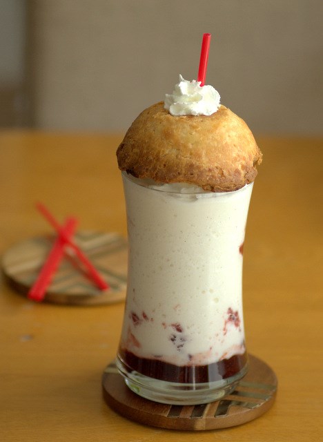 Cherry pie frappuccino with pie dome lid