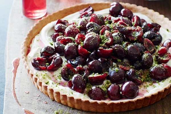 Cherry, pistachio & rose tart