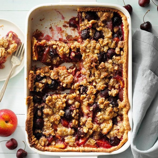 Cherry plum slab pie with walnut streusel