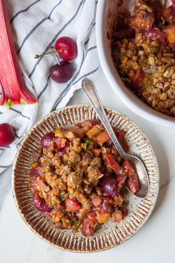 Cherry rhubarb crisp with pistachio crumb topping