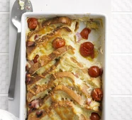 Cherry tomato & ham bread & butter bake