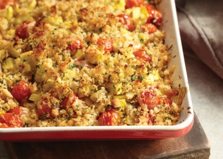 Cherry tomato and yellow squash crumble