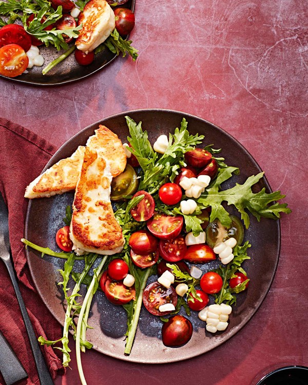 Cherry tomato, corn, and halloumi salad