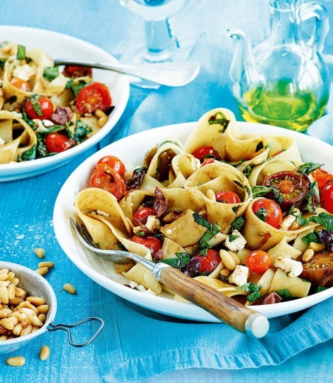 Cherry tomato, olive, feta and herb pappardelle 
