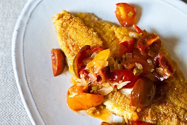 Cherry tomato tequila butter salsa with fried fish