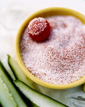 Cherry tomatoes and cucumber spears with spiced salt