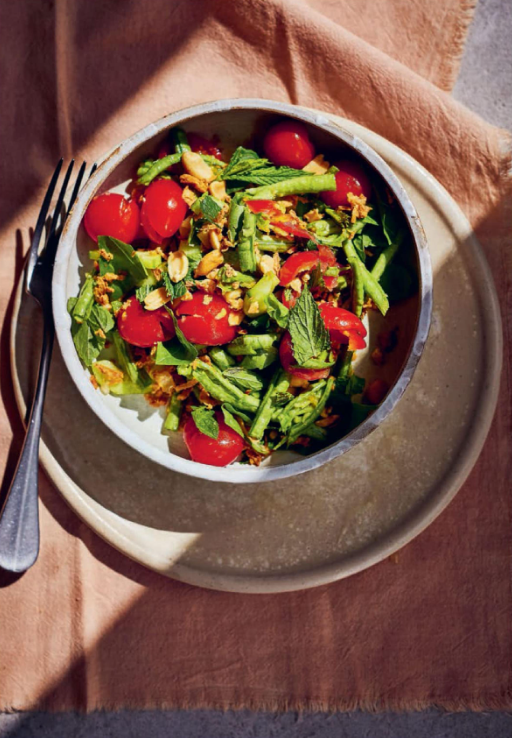 Cherry tomatoes and green beans with bird's eye chilli, lime and peanuts