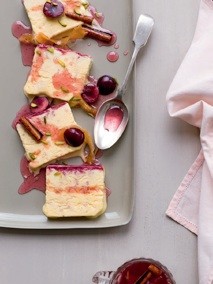 Cherry-vanilla parfait with rosewater syrup
