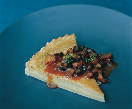 Chess pie with blackened pineapple salsa and caramel sauce