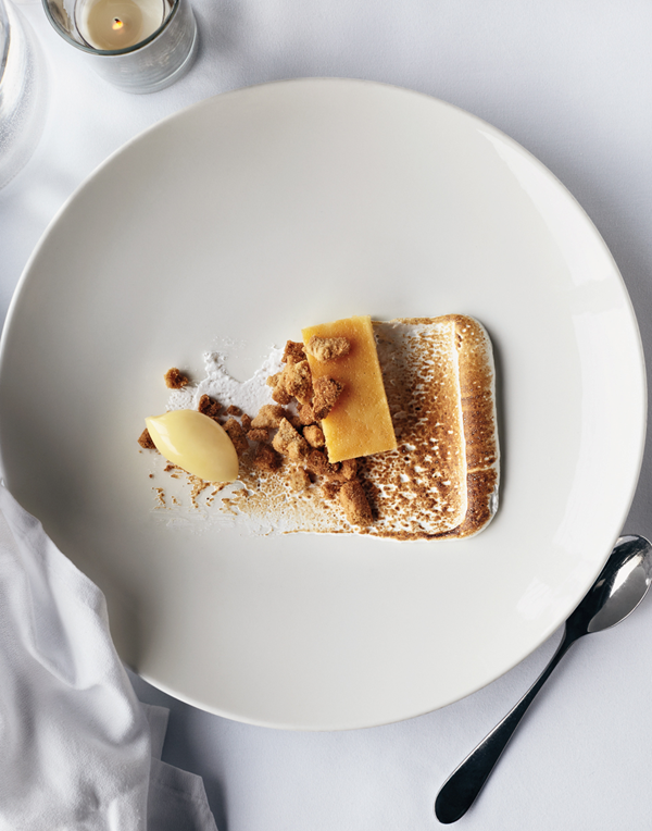 Chess pie with toasted Swiss meringue, almond streusel, spice oil & juniper ganache
