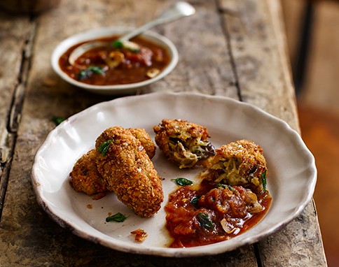 Chestnut & chorizo croquettes with blackened tomato sauce