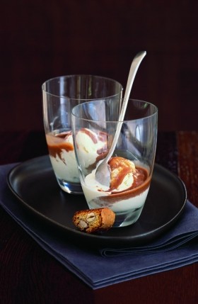 Chestnut and coffee sauce over vanilla ice cream