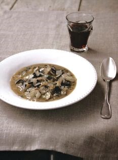 Chestnut and sweet onion soup with trompette mushrooms