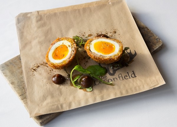 Chestnut and turkey Scotch egg with spiced plum ketchup