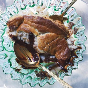 Chestnut-Armagnac soufflé with bittersweet chocolate sauce