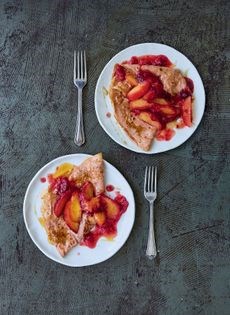 Chestnut crêpes with vanilla chai plum compote