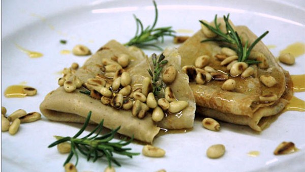 Chestnut-flour crepes with honey, pine nuts and rosemary (Crespelle di castagne con miele, pignoli e rosemarino)