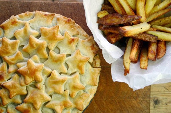 Chestnut, mushroom and ale pie with homemade oven chips
