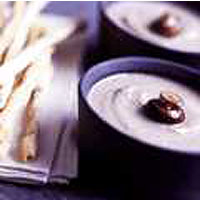 Chestnut mushroom soup with bread sticks