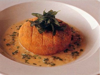 Chestnut, onion and Brussels sprout risotto cake with brandy herb butter
