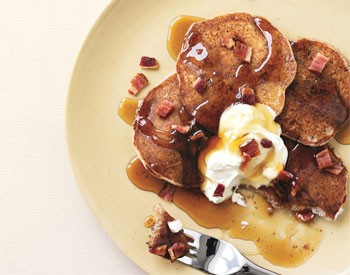 Chestnut pancakes with bacon and crème fraîche