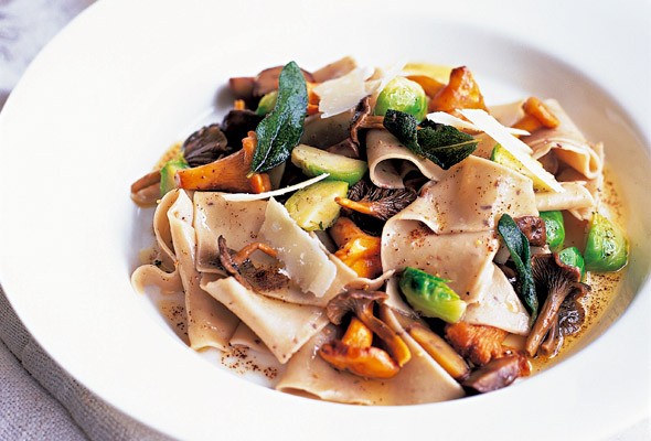Chestnut pasta rags with wild mushrooms and Brussels sprouts