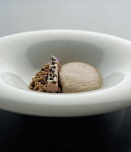 Chestnut soup, foie gras, puffed wheat, pine nuts and pickled raisins