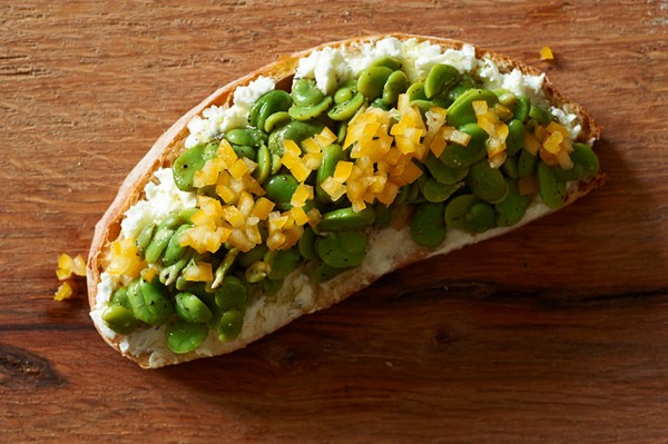 Chèvre and fava toasts with preserved lemon