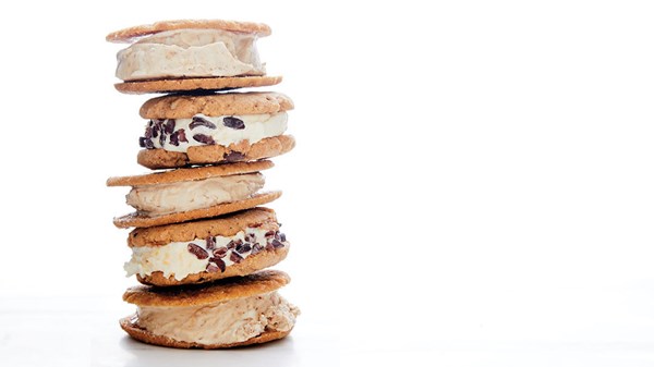 Chewy brown sugar cookie and espresso ice cream sandwiches