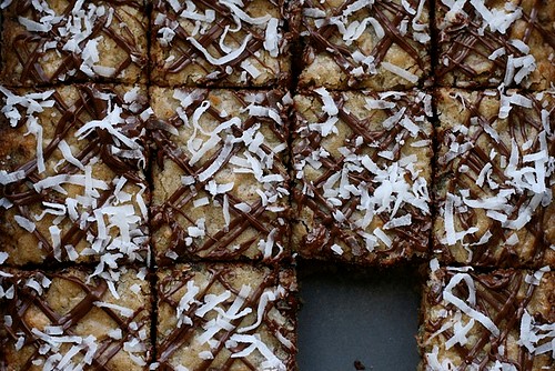 Chewy coconut chocolate chunk blondies
