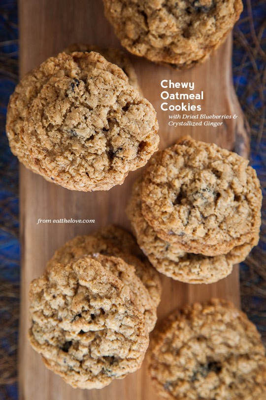Chewy oatmeal cookies with dried blueberries and crystallized ginger