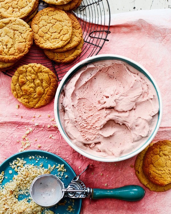 Chewy peanut butter cookie and plum ice cream sandwiches 