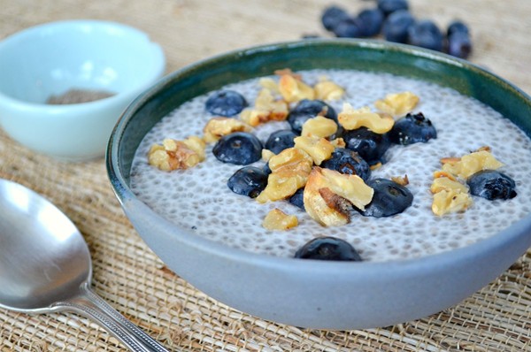 Chia cereal with cardamom, blueberries, and walnuts