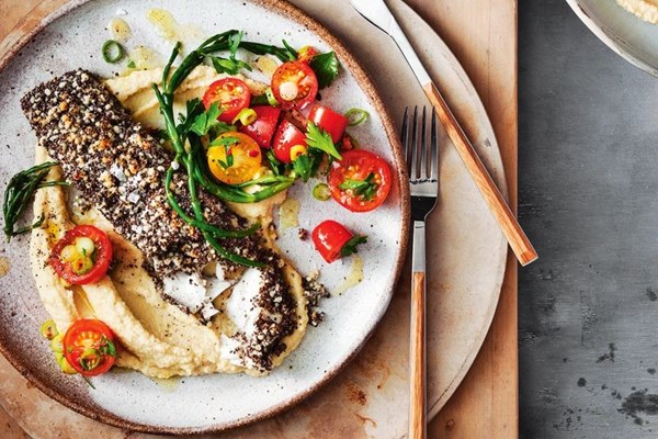 Chia-crusted barramundi with chickpea puree