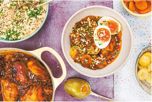 Chicken & apricot stew with preserved lemon, harissa & eggs
