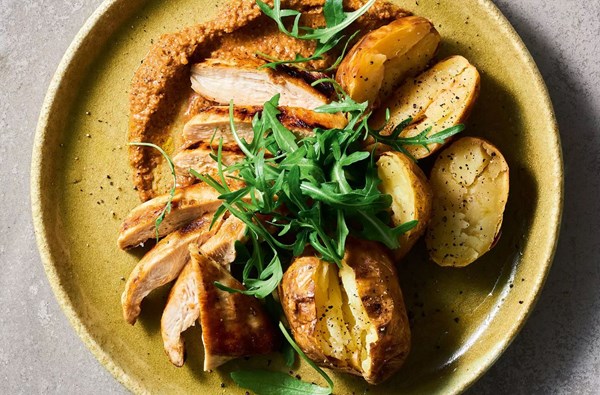 Chicken & baked potatoes with chargrilled tomato & chilli sauce