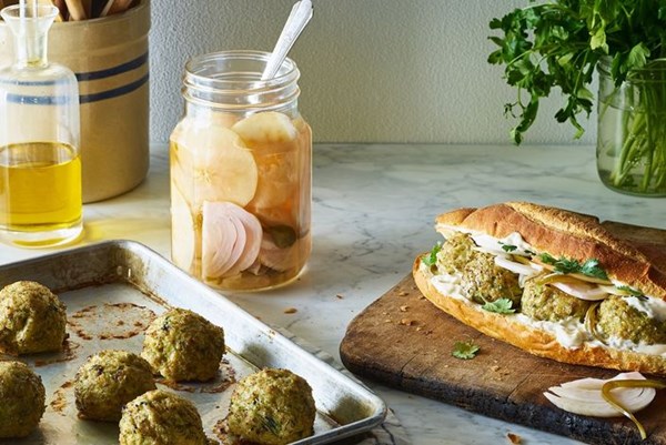 Chicken & broccoli meatball subs with apple giardiniera 
