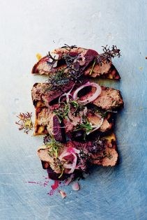 Chicken & duck liver pâté with pickled beets & mustard greens on brioche toasts