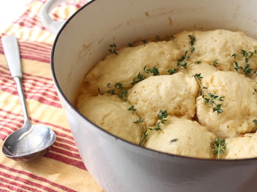 Chicken & dumplings (stewed chicken with thyme crème fraiche "dumplins")