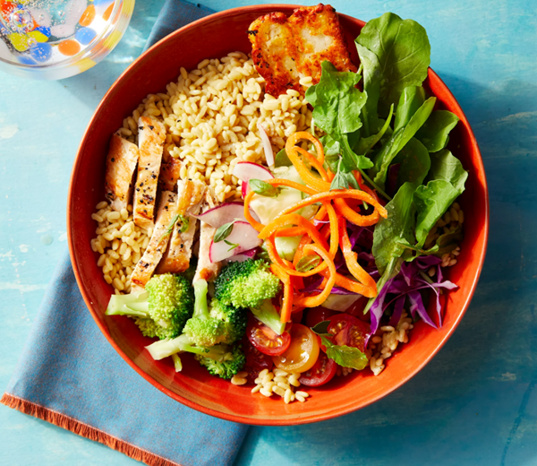 Chicken & halloumi chickpea rice bowls